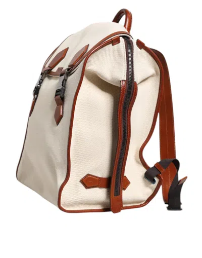 Pre-owned Dolce & Gabbana Beige Brown Canvas Leather Edge Travel Men Back Pack Men's Bag () In Sand