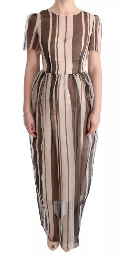 Pre-owned Dolce & Gabbana Beige Brown Striped Silk Sheath Women's Dress ()