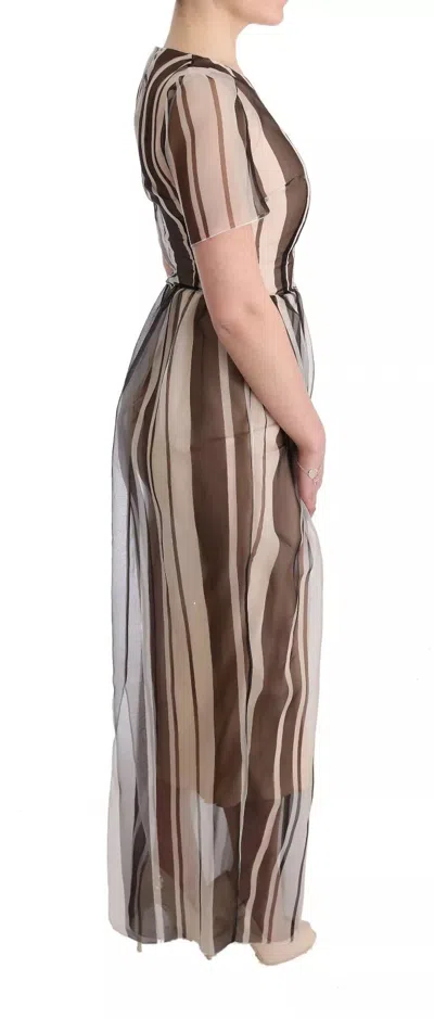 Pre-owned Dolce & Gabbana Beige Brown Striped Silk Sheath Women's Dress ()