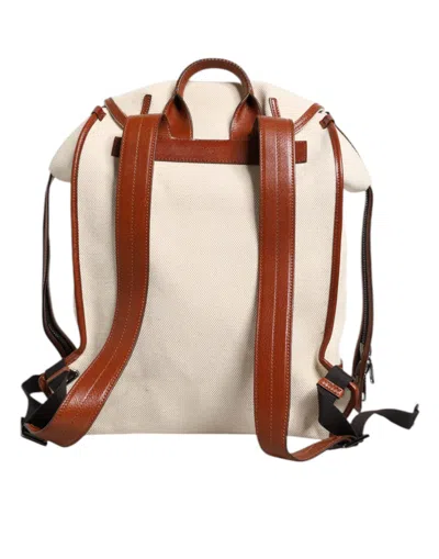 Pre-owned Dolce & Gabbana Beige Brown Canvas Leather Travel Back Pack Men's Bag () In Sand