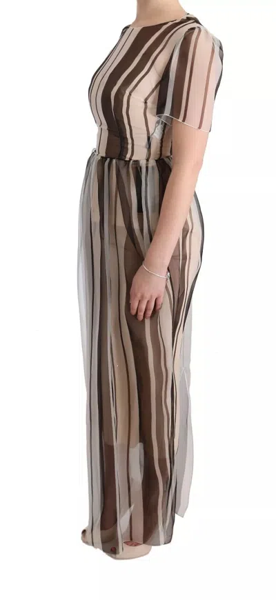 Pre-owned Dolce & Gabbana Beige Brown Striped Silk Sheath Women's Dress ()