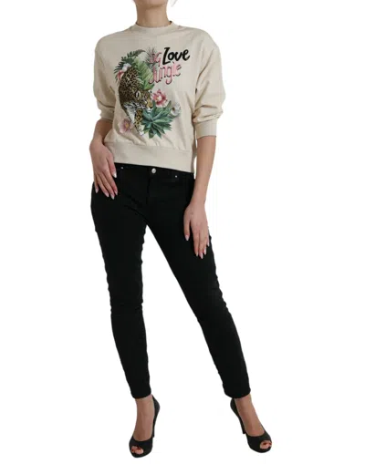 Dolce & Gabbana Beige Jungle Printed Cotton Pullover Sweater In Neutral