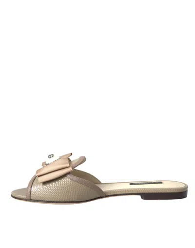 Dolce & Gabbana Beige Logo Pearl Flats Sandals Slides Shoes In Sand