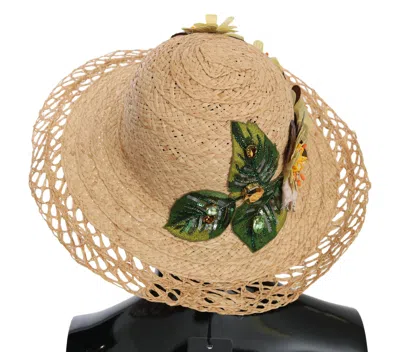 Dolce & Gabbana Beige Wide Brim Floral Bucket Capello Women's Hat In Sand
