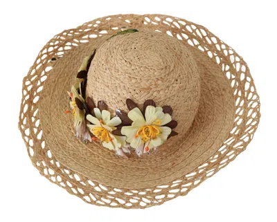Dolce & Gabbana Beige Wide Brim Floral Bucket Capello Women's Hat In Sand
