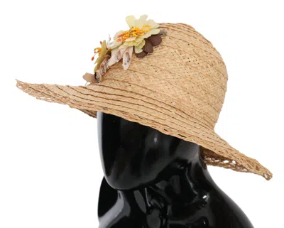 Dolce & Gabbana Beige Wide Brim Floral Bucket Capello Women's Hat In Sand
