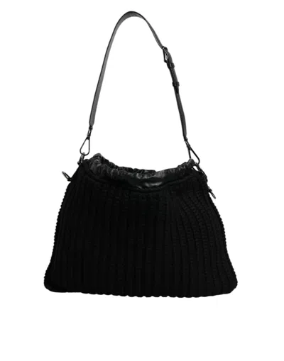 Dolce & Gabbana Black Cashmere Knitted Leather Shoulder Women's Bag In Black