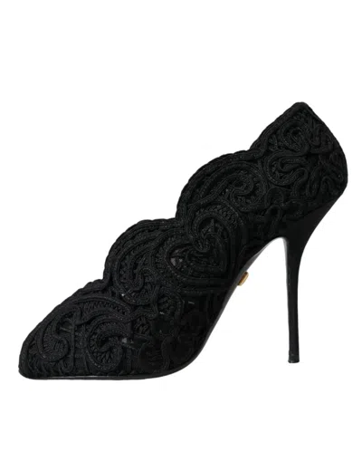 Pre-owned Dolce & Gabbana Black Cordonetto Ricamo Pump Open Toe Women's Shoes ()