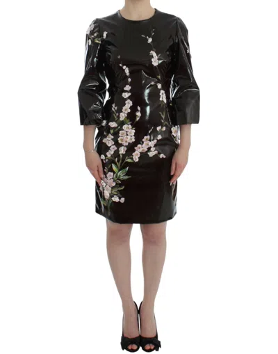 Dolce & Gabbana Black Patent Floral Handpainted Dress