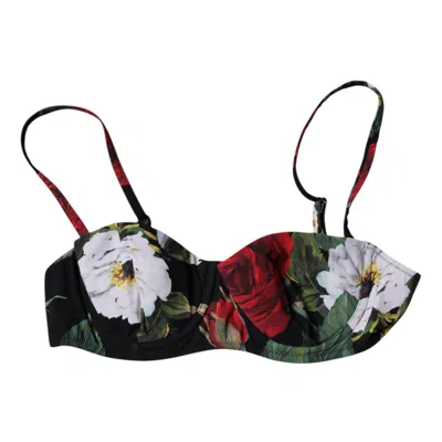 Pre-owned Dolce & Gabbana Black Floral Print Nylon Balconcino Bra Women's Underwear ()