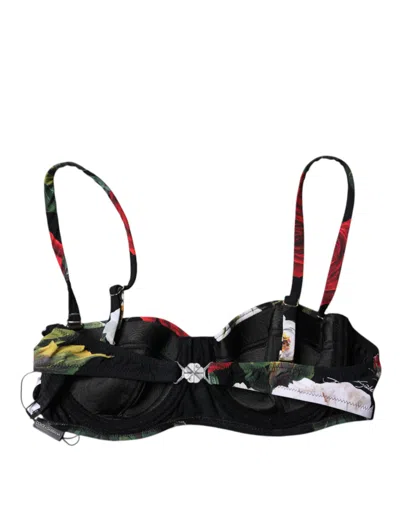 Pre-owned Dolce & Gabbana Black Floral Print Nylon Balconcino Bra Women's Underwear ()