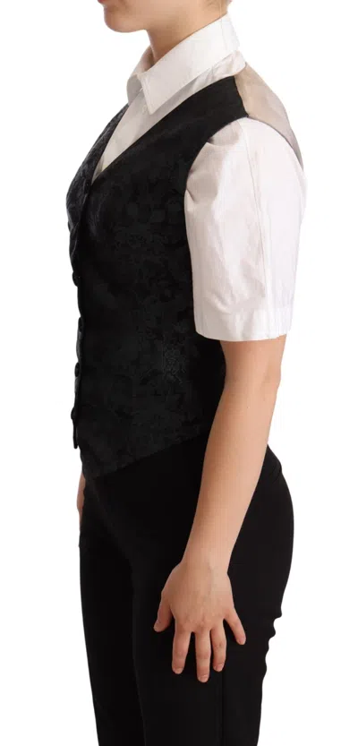 Dolce & Gabbana Black Jacquard Floral Waistcoat Vest Green In Black