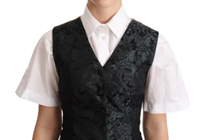 Dolce & Gabbana Black Jacquard Floral Waistcoat Vest Green In Black