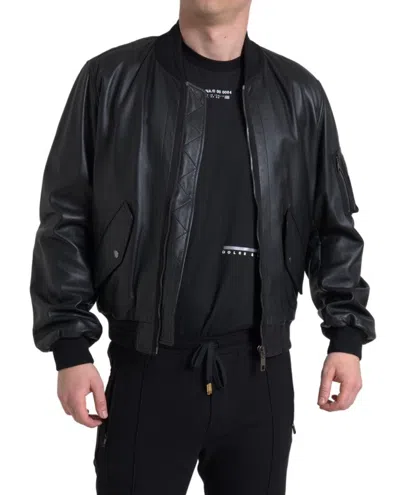 Dolce & Gabbana Black Leather Blouson Full Zip Bomber Jacket
