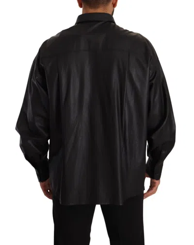Dolce & Gabbana Black Leather Button Down Men Collared Jacket