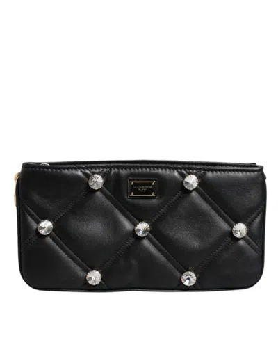 Dolce & Gabbana Black Leather Crystal Embellished Logo Shoulder Women's Bag In Black