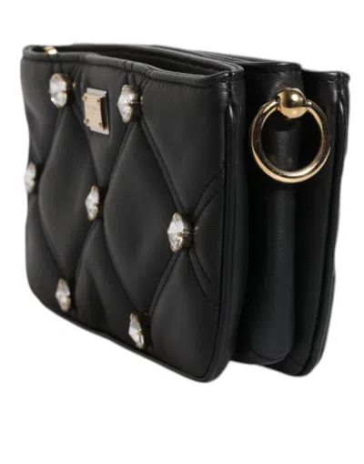 Dolce & Gabbana Black Leather Crystal Embellished Logo Shoulder Women's Bag In Black