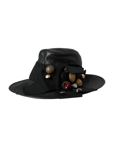 Dolce & Gabbana Black Leather Dg Coin Crystal Wide Brim Women's Hat In Black