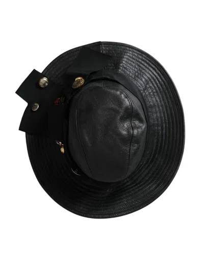 Dolce & Gabbana Black Leather Dg Coin Crystal Wide Brim Women's Hat In Black