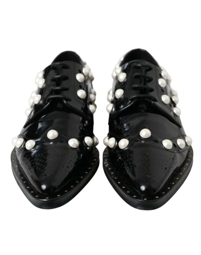 Pre-owned Dolce & Gabbana Black Leather Faux Pearl Dress Broque Women's Shoes ()