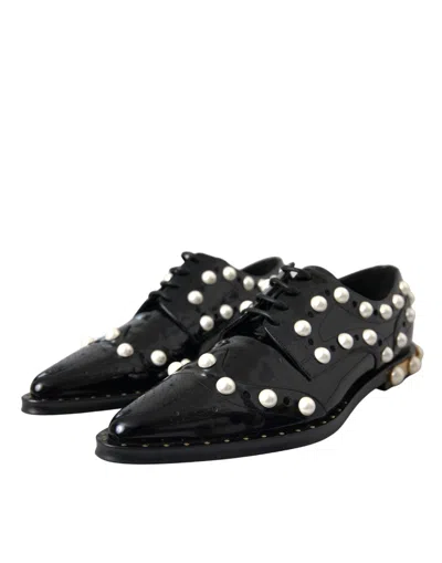 Pre-owned Dolce & Gabbana Black Leather Faux Pearl Dress Broque Women's Shoes ()