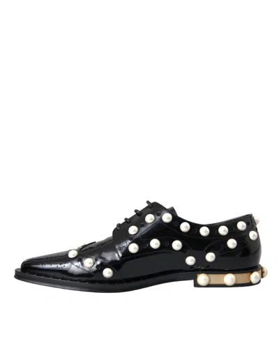 Pre-owned Dolce & Gabbana Black Leather Faux Pearl Dress Broque Women's Shoes ()