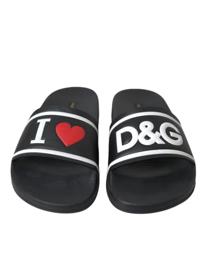 Dolce & Gabbana Black Leather I Love D&g Sandals Slides Women's Shoes In Black