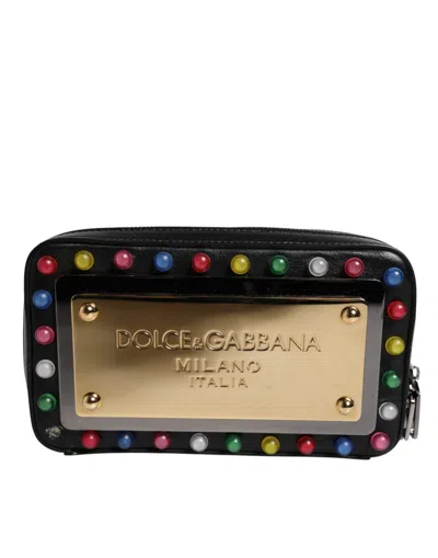 Pre-owned Dolce & Gabbana Black Leather Led Logo Wrist Strap Clutch Women's Bag ()