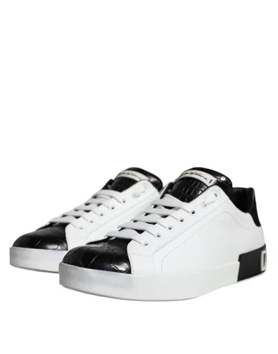 Pre-owned Dolce & Gabbana Black Leather Logo Portofino Sneaker Men's Shoes () In Multi
