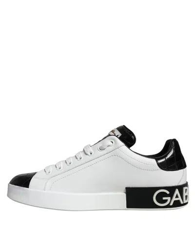 Pre-owned Dolce & Gabbana Black Leather Logo Portofino Sneaker Men's Shoes () In Multi