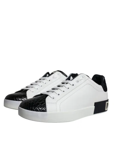 Pre-owned Dolce & Gabbana Black Leather Logo Portofino Sneaker Men's Shoes () In Multi