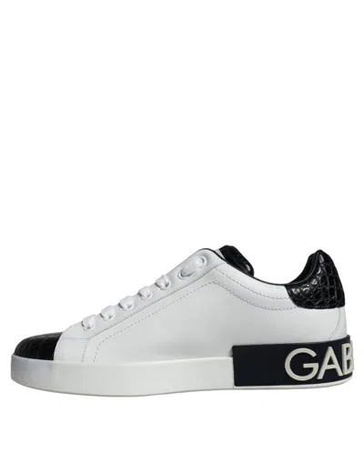 Pre-owned Dolce & Gabbana Black Leather Logo Portofino Sneaker Men's Shoes () In Multi
