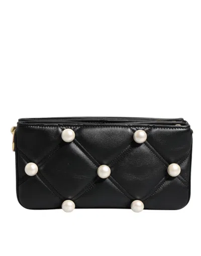 Dolce & Gabbana Black Leather Pearl Embellished Logo Shoulder Women's Bag In Black