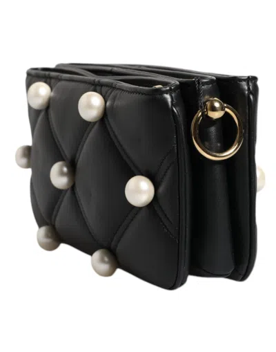 Dolce & Gabbana Black Leather Pearl Embellished Logo Shoulder Women's Bag In Black