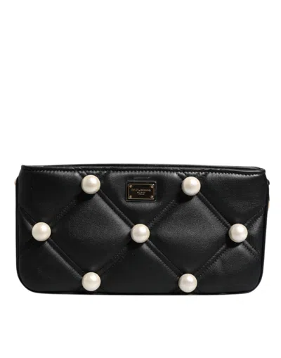Dolce & Gabbana Black Leather Pearl Embellished Logo Shoulder Women's Bag In Black