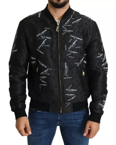 Pre-owned Dolce & Gabbana Black Logo Patch Brocade Bomber Full Zip Men's Jacket ()