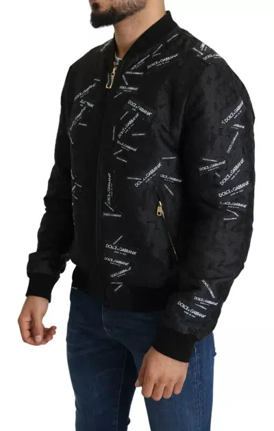 Pre-owned Dolce & Gabbana Black Logo Patch Brocade Bomber Full Zip Men's Jacket ()