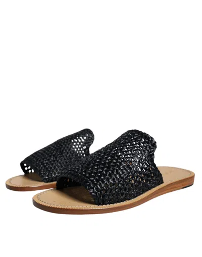 Pre-owned Dolce & Gabbana Black Monochrome Braided Raffia Slides Men's Shoes ()