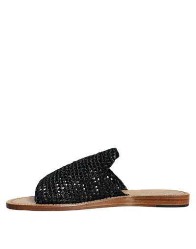 Pre-owned Dolce & Gabbana Black Monochrome Braided Raffia Slides Men's Shoes ()