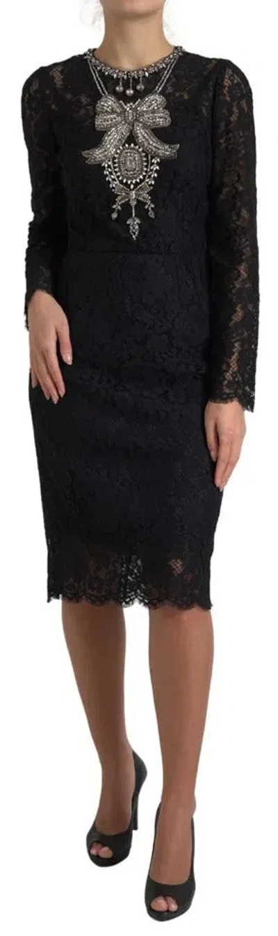 Pre-owned Dolce & Gabbana Black Nylon Lace Embellished Sheath Women's Dress ()