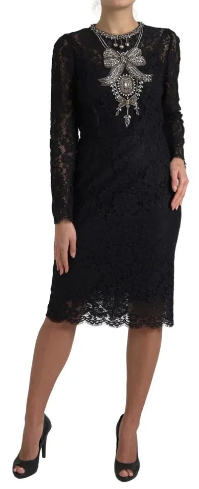 Pre-owned Dolce & Gabbana Black Nylon Lace Embellished Sheath Women's Dress ()