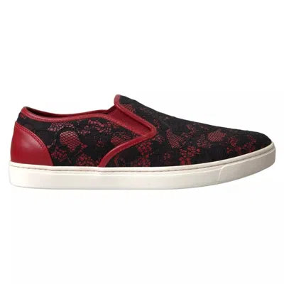 Pre-owned Dolce & Gabbana Black Red Lace Slip On Low Top Sneakers Women's Shoes ()