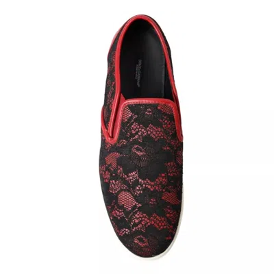 Pre-owned Dolce & Gabbana Black Red Lace Slip On Low Top Sneakers Women's Shoes ()