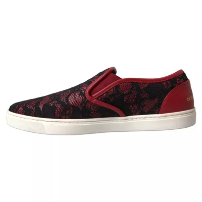 Pre-owned Dolce & Gabbana Black Red Lace Slip On Low Top Sneakers Women's Shoes ()