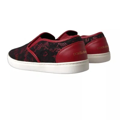 Pre-owned Dolce & Gabbana Black Red Lace Slip On Low Top Sneakers Women's Shoes ()