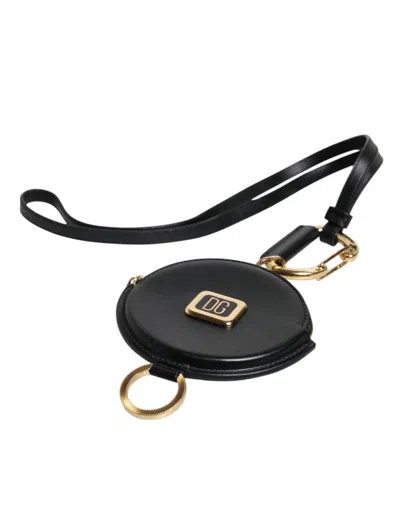 Pre-owned Dolce & Gabbana Black Round Leather Dg Logo Coin Purse Lanyard Men's Wallet ()