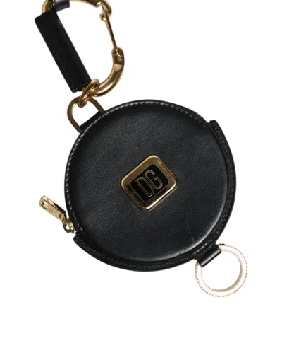 Pre-owned Dolce & Gabbana Black Round Leather Dg Logo Coin Purse Lanyard Men's Wallet ()
