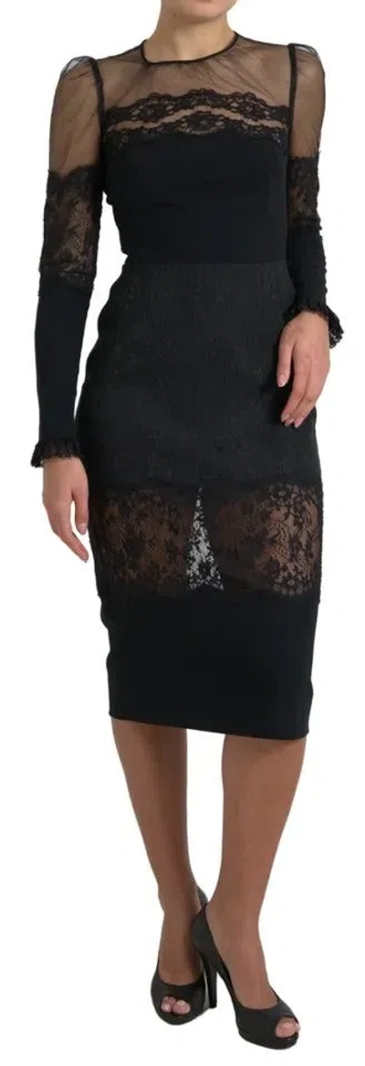 Pre-owned Dolce & Gabbana Black Sheer Floral Lace Sheath Midi Women's Dress ()