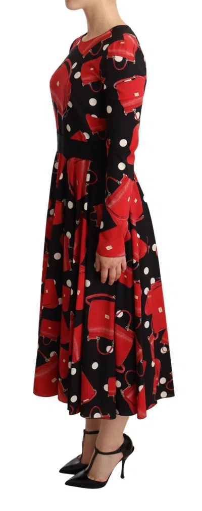Dolce & Gabbana Black Sicily Bag Print Flared Midi Dress In Multi