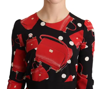 Dolce & Gabbana Black Sicily Bag Print Flared Midi Dress In Multi